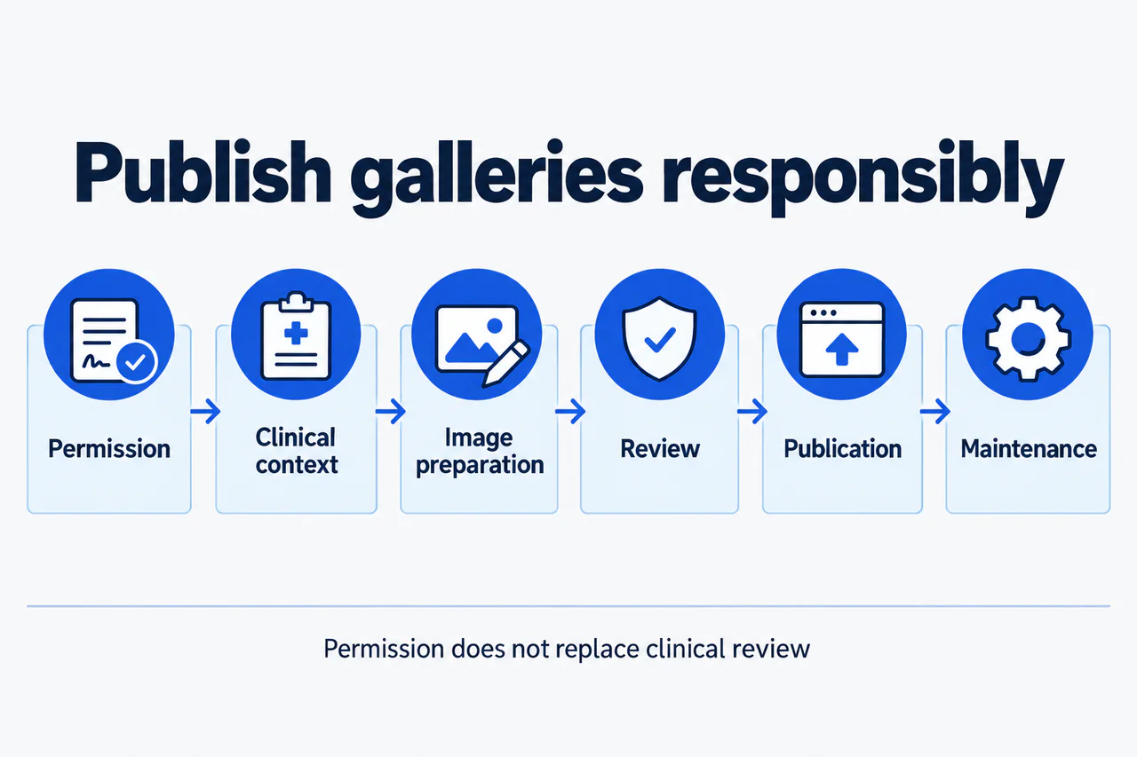 Before and after gallery SEO workflow with authorization and clinical review checkpoints.