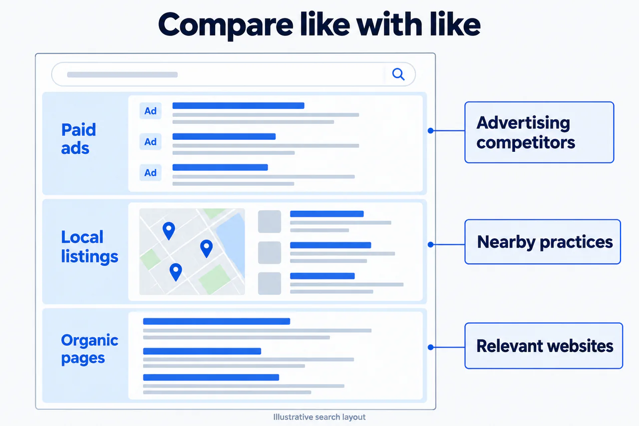 Plastic surgery competitor analysis comparing distinct search result types.