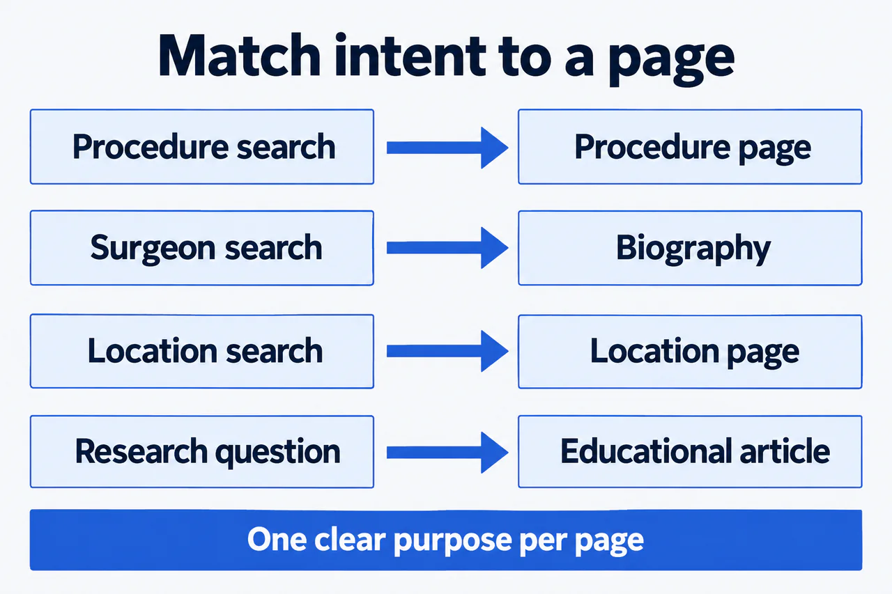Plastic surgery keyword research mapping patient intent to distinct website pages.