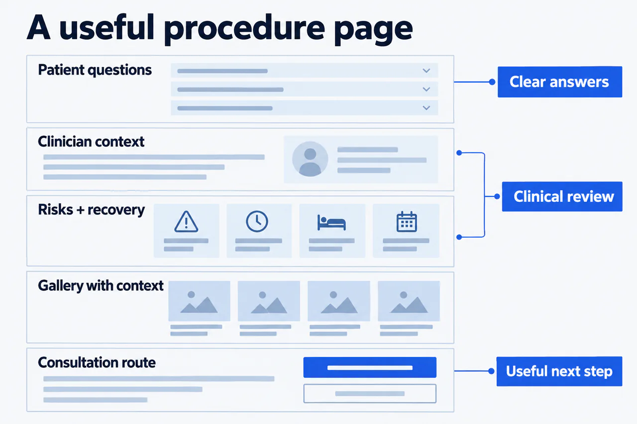 Plastic surgery procedure pages with clear information, review, and consultation sections.