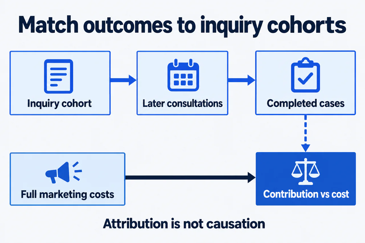 Plastic surgery SEO ROI model using cohorts, contribution, and full marketing costs.