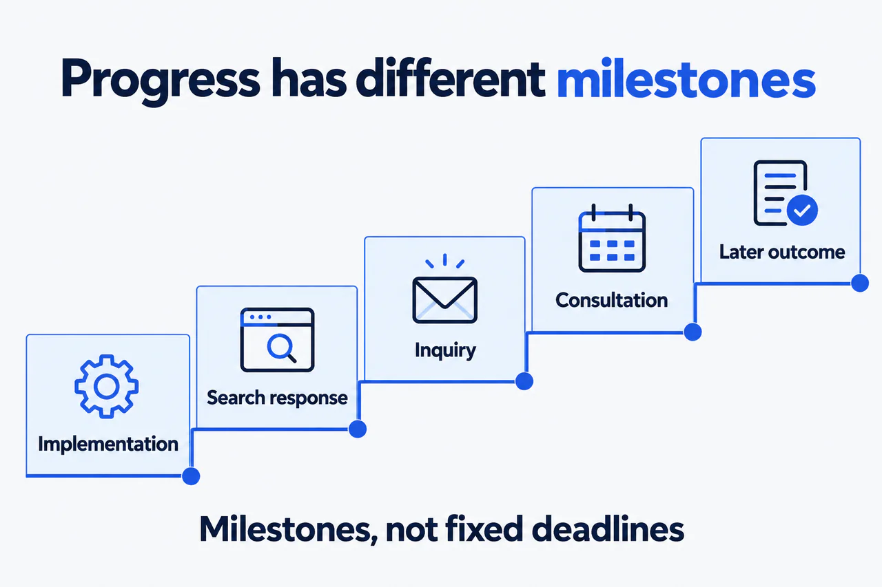 Plastic surgery SEO timeline separating implementation from business outcomes.