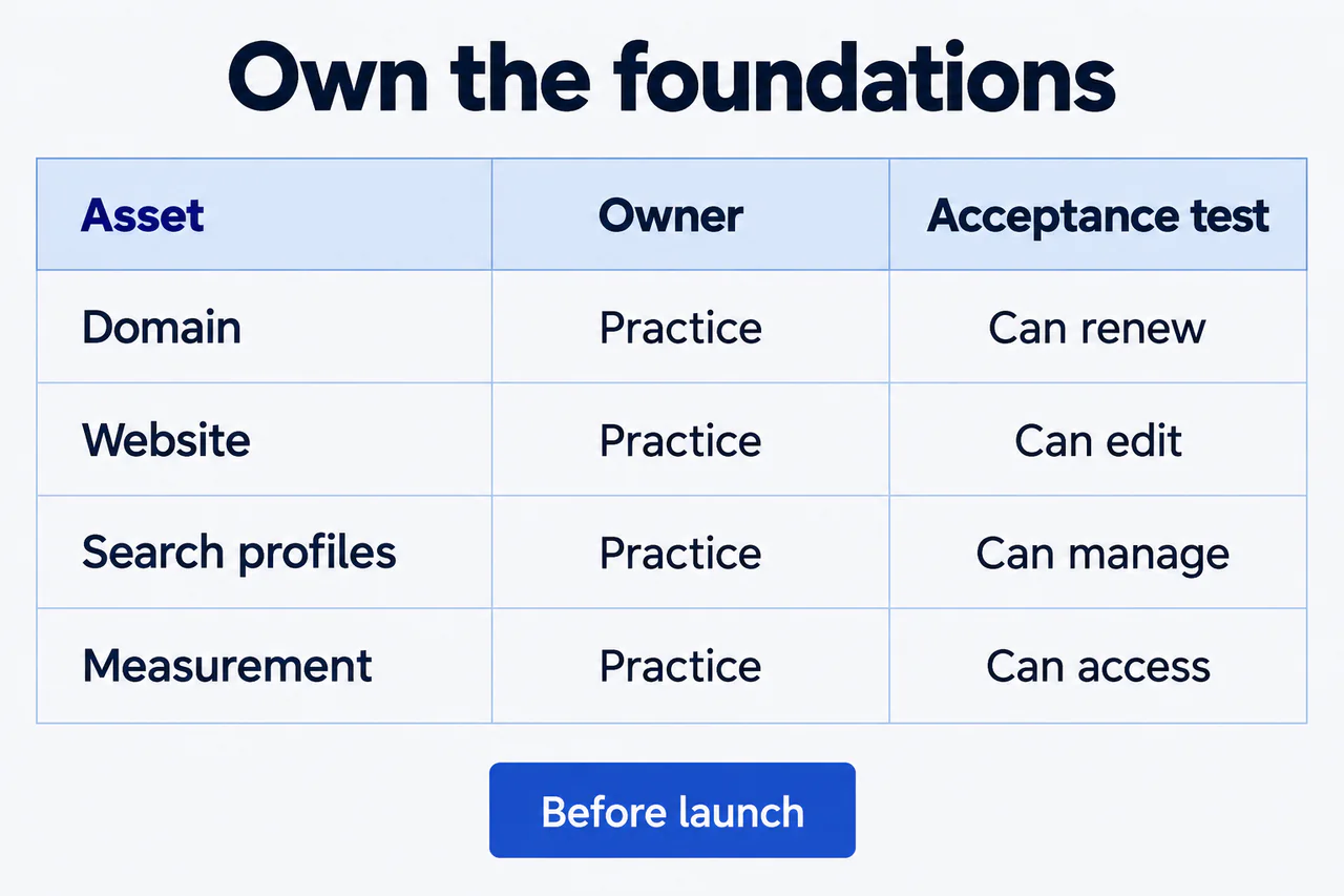 SEO for a new plastic surgery practice account ownership and launch checklist.