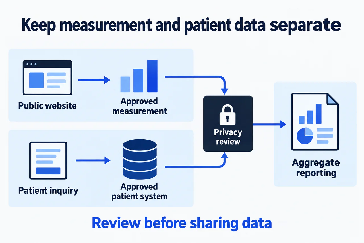 SEO tracking and patient privacy data flow with review points before vendor disclosure.